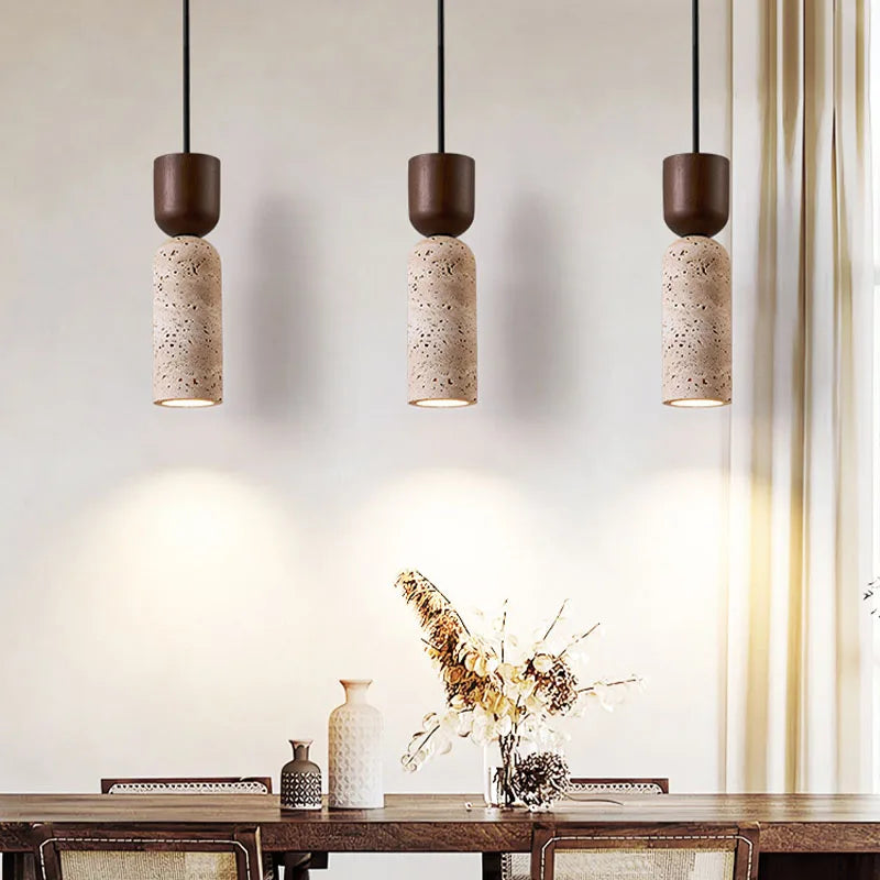 Wabi-Sabi Travertine & Walnut Pendant Light – Japanese-Inspired Minimalist Natural Stone Hanging Lamp for Bedside & Dining