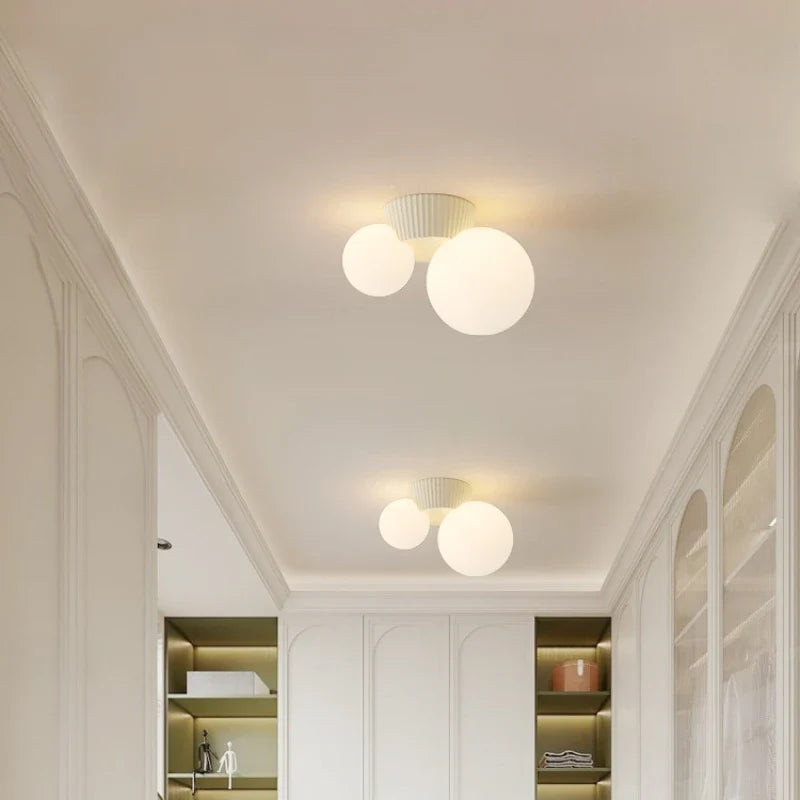 Luméa French Modern Double-Globe Ceiling Light – Ribbed Metal & Frosted Glass Fixture in Green, Beige, Red or Black