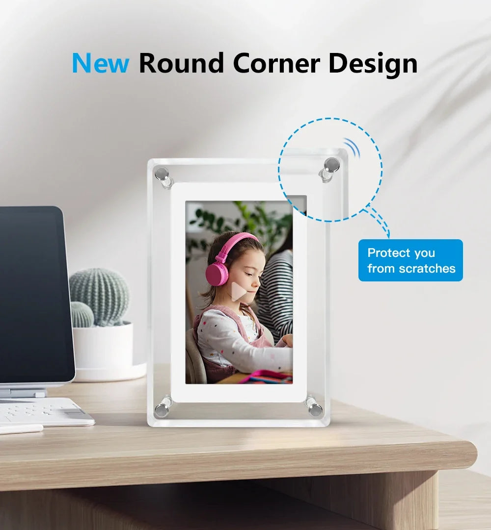 ClearFrame Acrylic Digital Photo Frame – 5 Inch IPS Display with Rechargeable Battery, Portable Video & Photo Player Gift