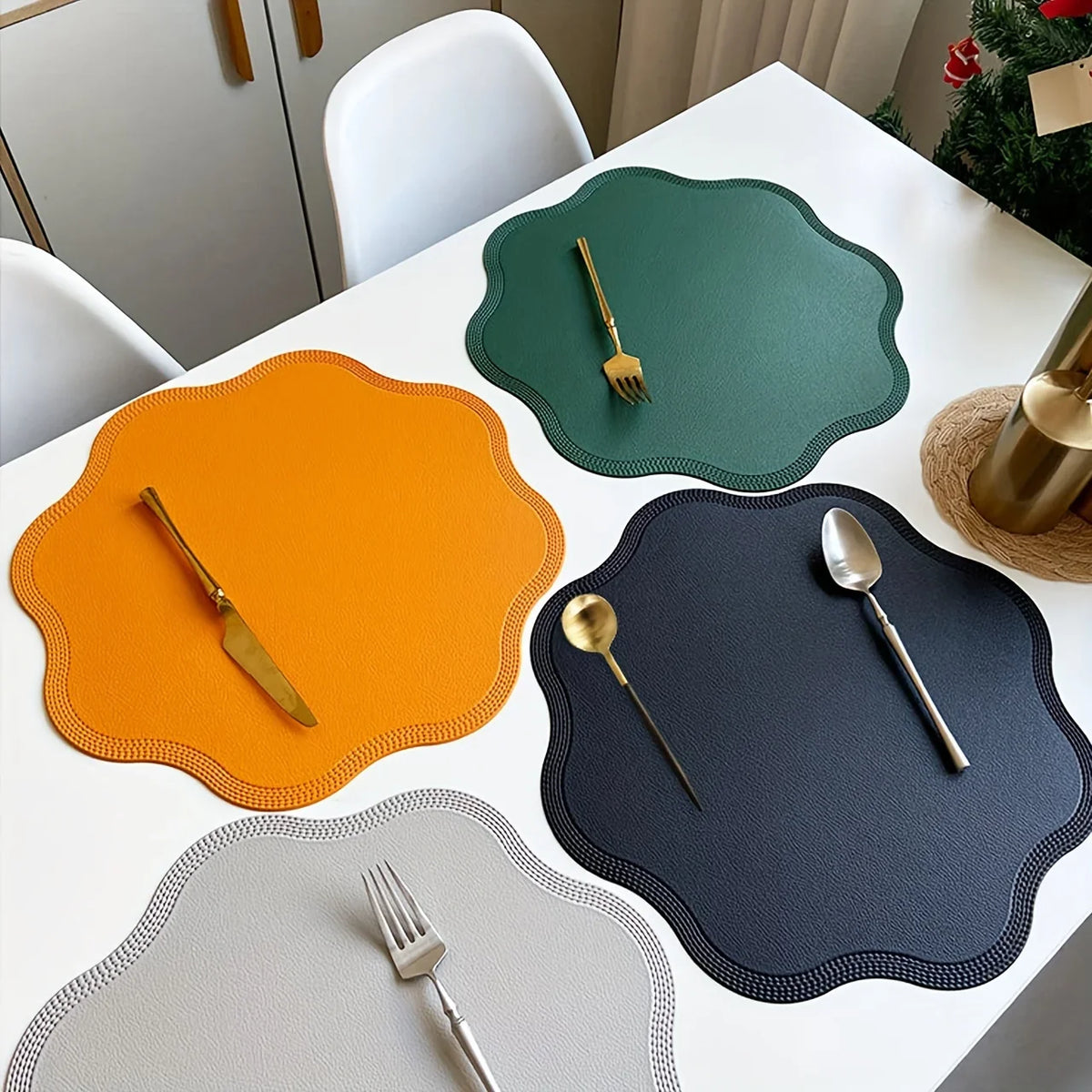 FloraMat Round Embossed Floral Faux Leather Placemats – Heat-Resistant Waterproof Table Mats, Set of 4 or 6, 5 Colors