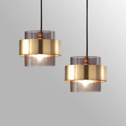 Nordic Smoked Glass Pendant Light with Brushed Brass Band – Modern Cylinder Hanging Lamp in Amber or Smoke Grey