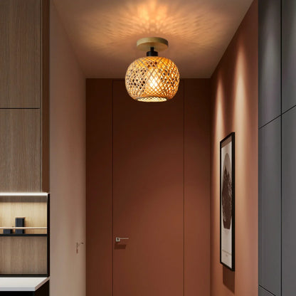 Natura Handwoven Bamboo & Rattan LED Ceiling Light – Natural Boho Woven Flush Mount Fixture for Dining Room, Bedroom & Hallway