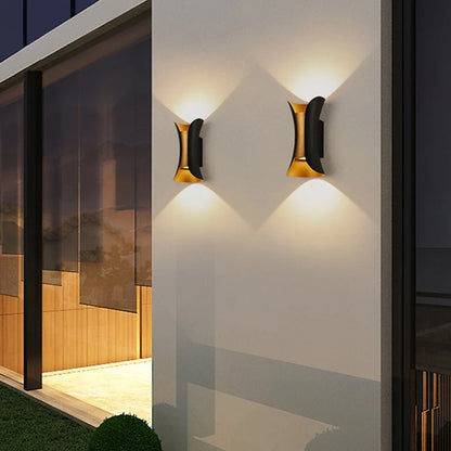 Modern Black & Gold Up & Down LED Wall Light – Waterproof Curved Indoor Outdoor Wall Sconce for Porch, Hallway & Living Room