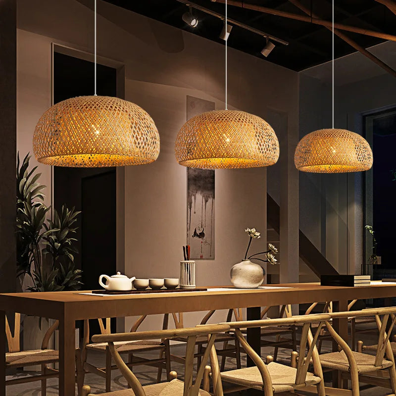 Handwoven Natural Bamboo & Rattan Pendant Light – Boho Woven Hanging Lamp Shade for Dining Room, Living Room & Bedroom