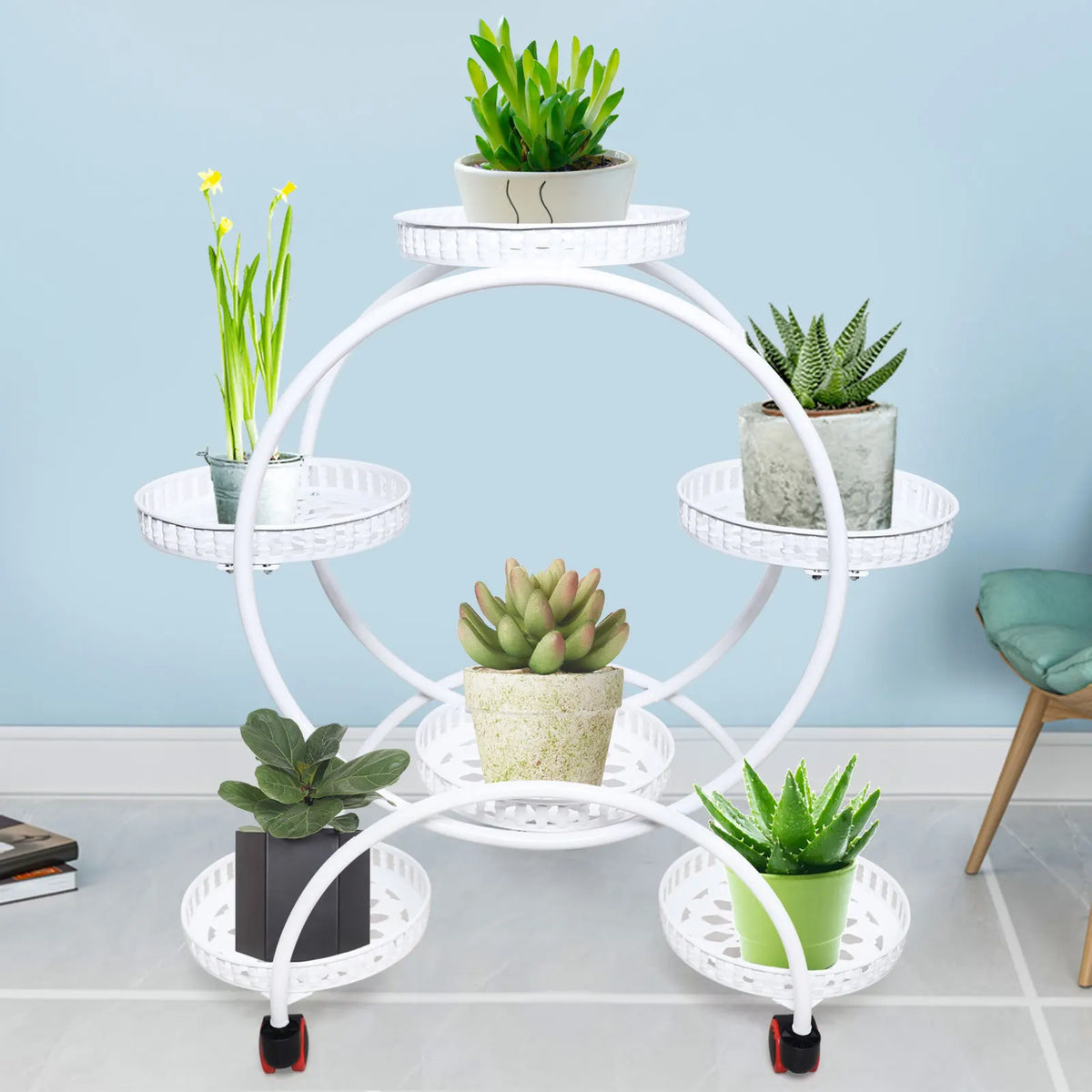 6-Tier Metal Plant Stand with Wheels – Rolling Flower Pot Holder Rack for Indoor & Outdoor Patio, Balcony & Living Room