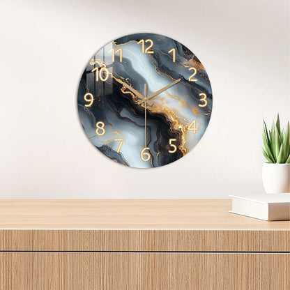 Blue & Gold Marble Wall Clock – Silent Wooden Art Clock with Glossy Tempered Finish, Luxury Decor in 4 Sizes
