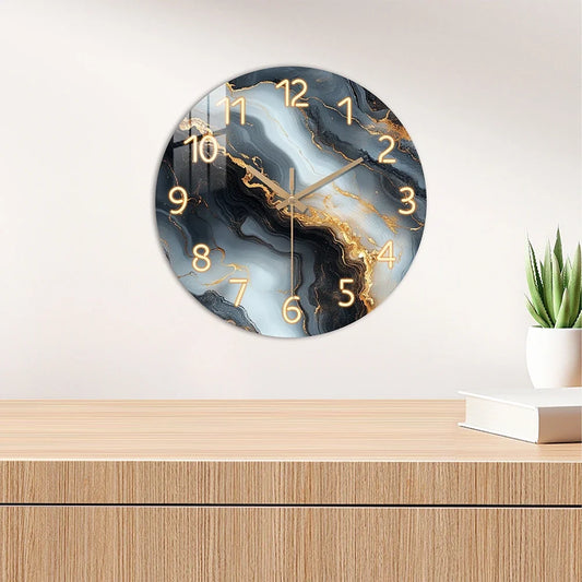 Blue & Gold Marble Wall Clock – Silent Wooden Art Clock with Glossy Tempered Finish, Luxury Decor in 4 Sizes