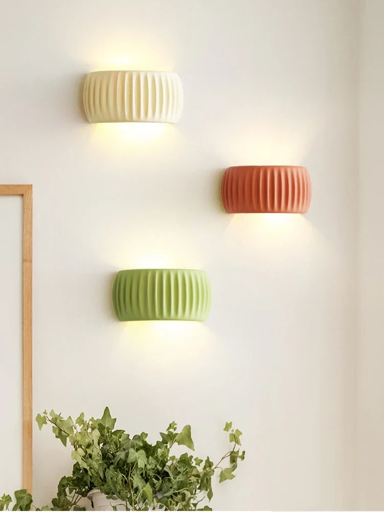 French Ribbed Resin Wall Lamp – Textured Up & Down Wall Sconce in Cream, Green or Brown Orange, Warm White for Bedroom & Hallway