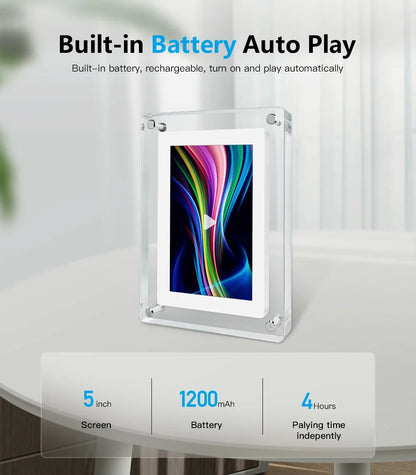 ClearFrame Acrylic Digital Photo Frame – 5 Inch IPS Display with Rechargeable Battery, Portable Video & Photo Player Gift