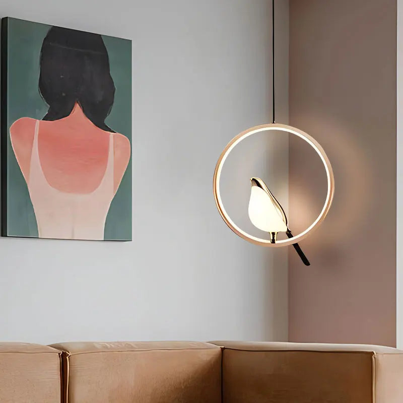 Nordic Magpie LED Pendant Light – Modern Bird Ring Chandelier, 31W Warm or Cool White Hanging Lamp for Dining & Living Room