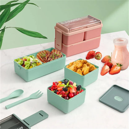1400ml Double-Layer Bento Lunch Box with Fork & Spoon – Microwave-Safe Locking Food Container for Kids & Adults, Pink or Green