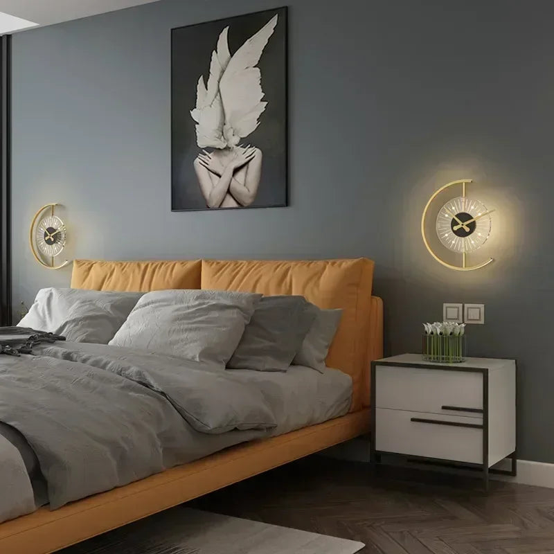 Lunaris Post-Modern LED Wall Lamp with Built-In Silent Clock – Golden Crescent Wall Sconce & Clock 2-in-1 Decor