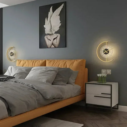 Lunaris Post-Modern LED Wall Lamp with Built-In Silent Clock – Golden Crescent Wall Sconce & Clock 2-in-1 Decor