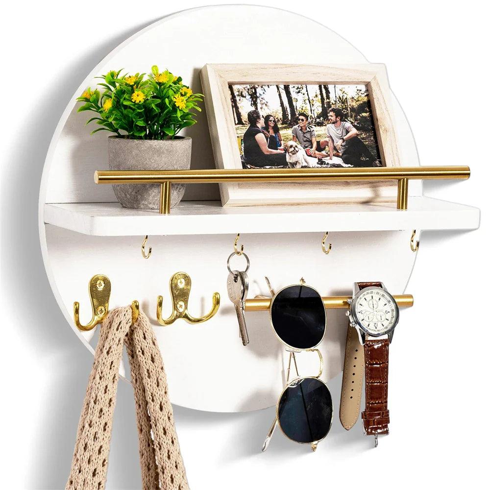 Round Wooden Wall Key Holder with Shelf – Eco-Friendly Entryway Organizer with Hooks for Keys, Mail & Sunglasses