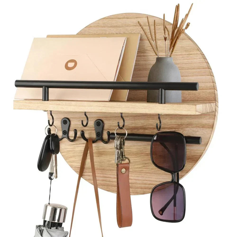 Round Wooden Wall Key Holder with Shelf – Eco-Friendly Entryway Organizer with Hooks for Keys, Mail & Sunglasses