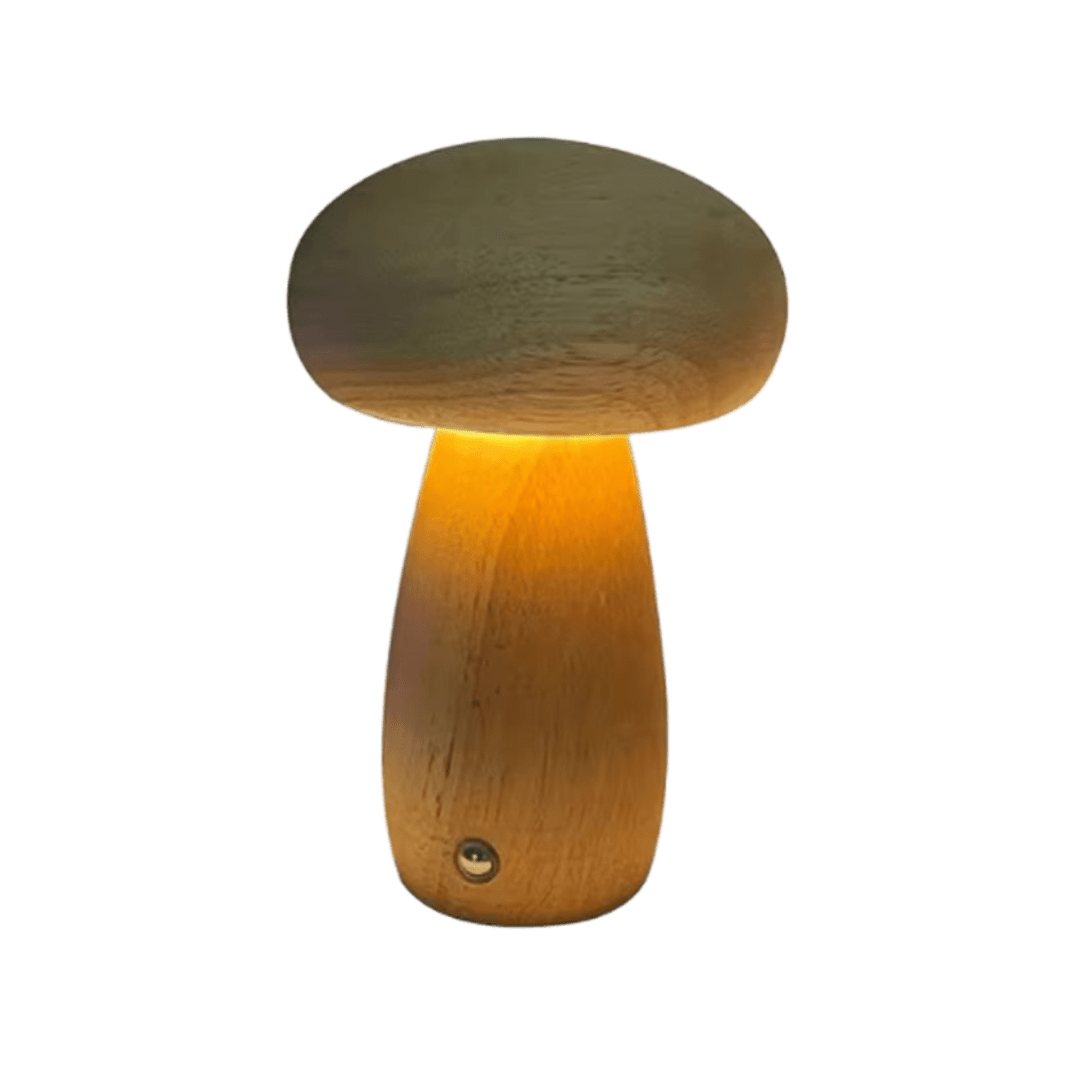 Portobello Natural Wood Mushroom Lamp – Rechargeable Touch-Dimmable Bedside Night Light, 6-8 Hour Battery, Walnut or Wood