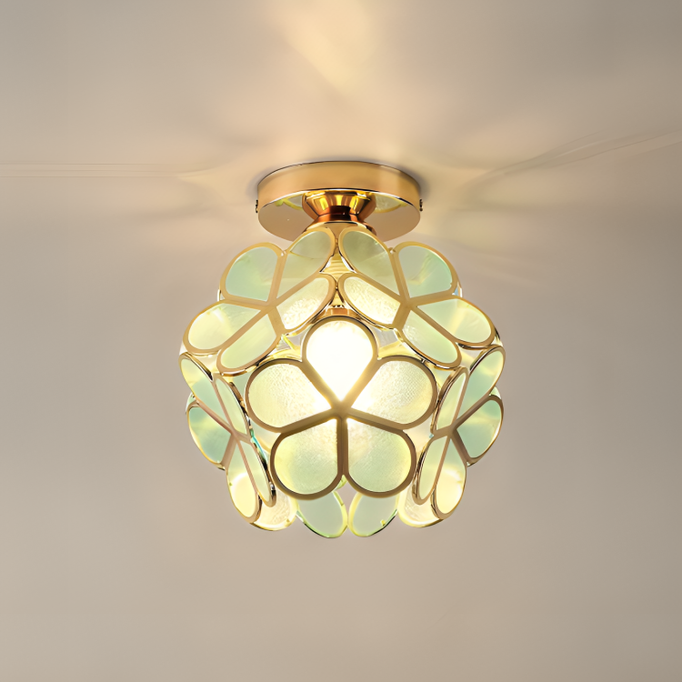 Colorful Retro Flower Ceiling Light – Vintage-Inspired Flush Mount Lamp in Green, Amber, Pink or Blue, E14 Bulb