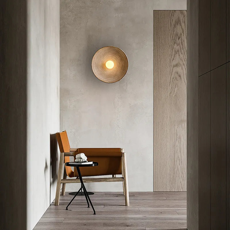 Rustic Handcrafted Wood-Look Circular Wall Sconce – LED Bulb Included, Warm or Cool White Wall Light for Bedroom & Dining
