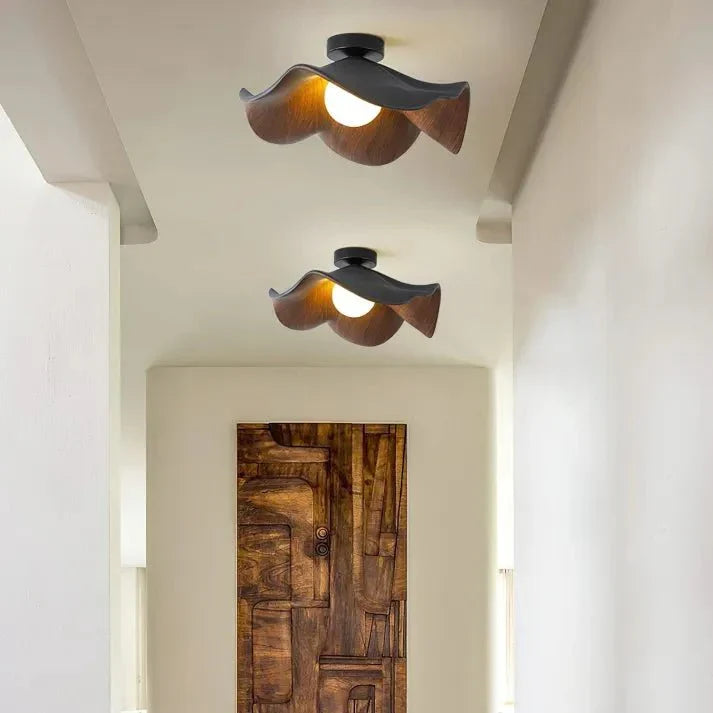 Scandinavian Lotus Flower Ceiling Light – Sculptural Wood, Resin & Iron Flush Mount Lamp in White or Black for Bedroom