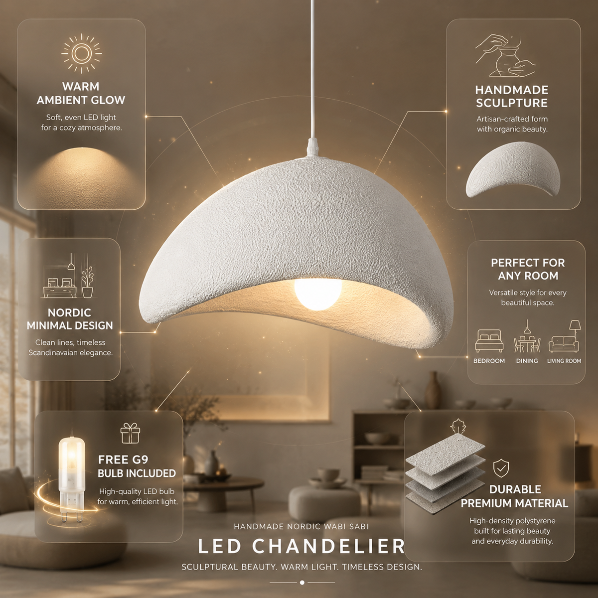 Zenith Glow Wabi Sabi LED Pendant Light – Modern Nordic Chandelier for Dining Room & Kitchen Island