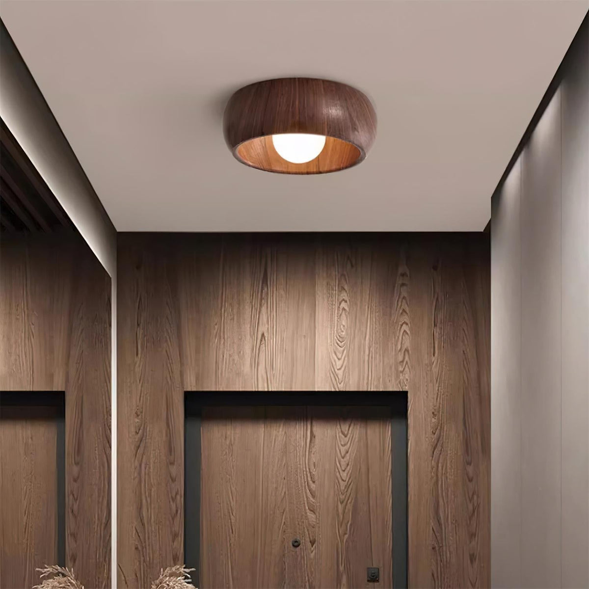 Albanora Modern Minimalist Wooden LED Ceiling Lamp – Low-Glare Warm White Flush Mount Light in Walnut or Natural Wood