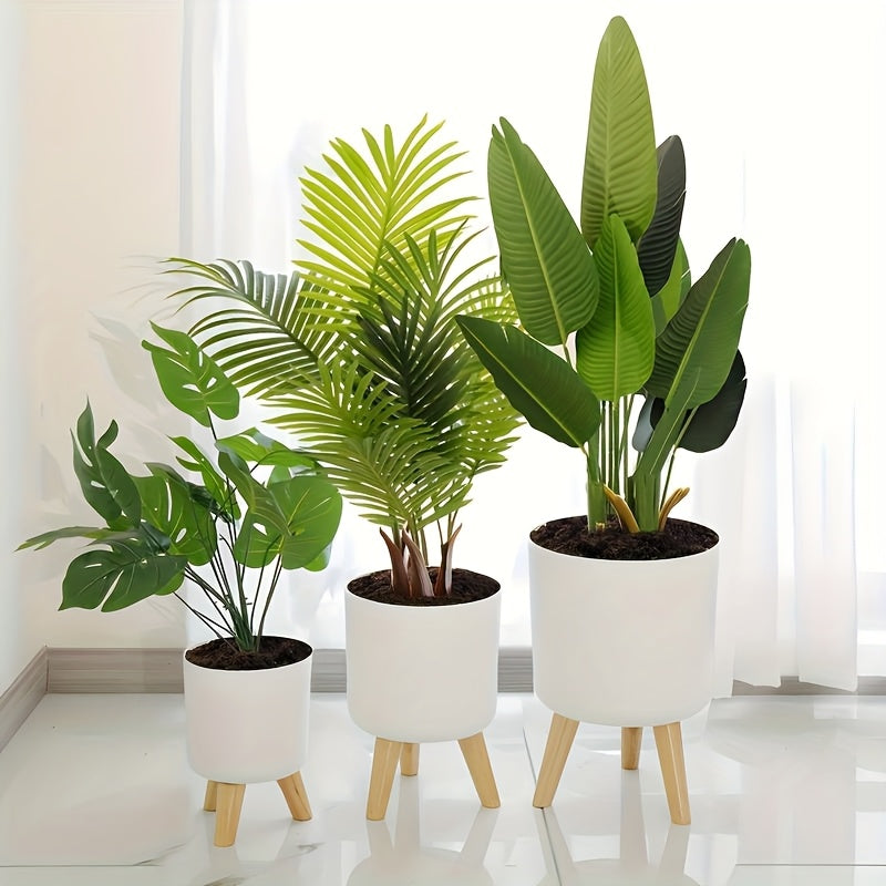 Modern Round Planter with Detachable Wooden Legs – Mid-Century Indoor & Outdoor Plant Pot in Black or White, 3 Sizes