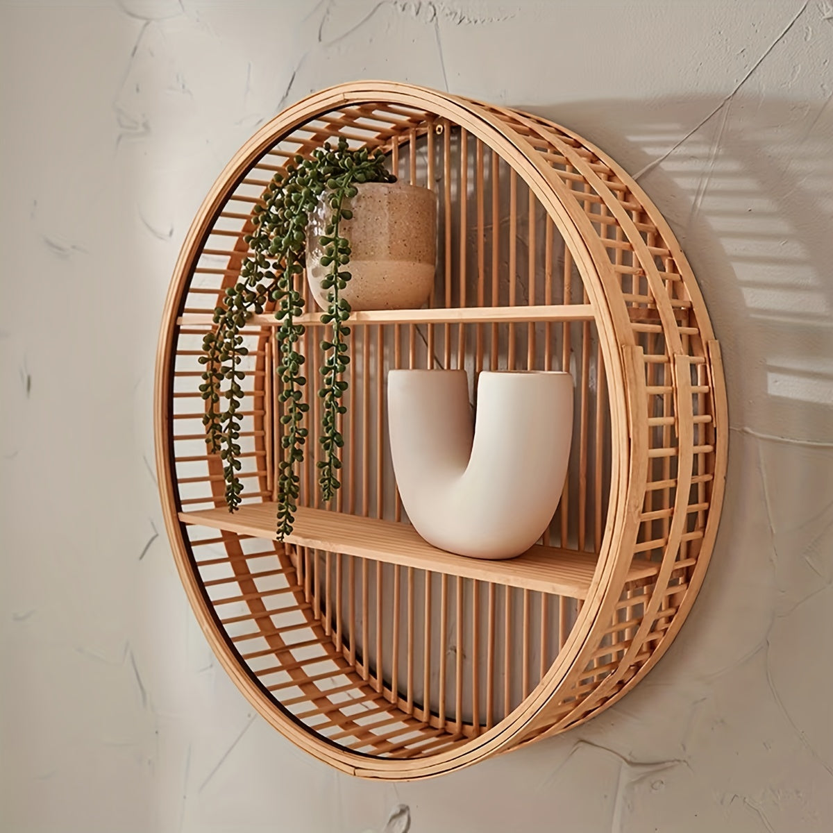 Handmade Round Bamboo Wall Shelf – Boho 2-Tier Floating Organizer for Plants, Books & Decor in Living Room & Bathroom