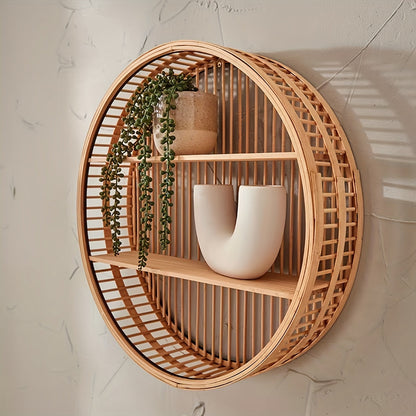 Handmade Round Bamboo Wall Shelf – Boho 2-Tier Floating Organizer for Plants, Books & Decor in Living Room & Bathroom