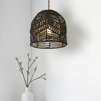 Handwoven Rope Dome Pendant Light Shade – Rustic Farmhouse Coastal Woven Lampshade Chandelier in White, Brown or Black