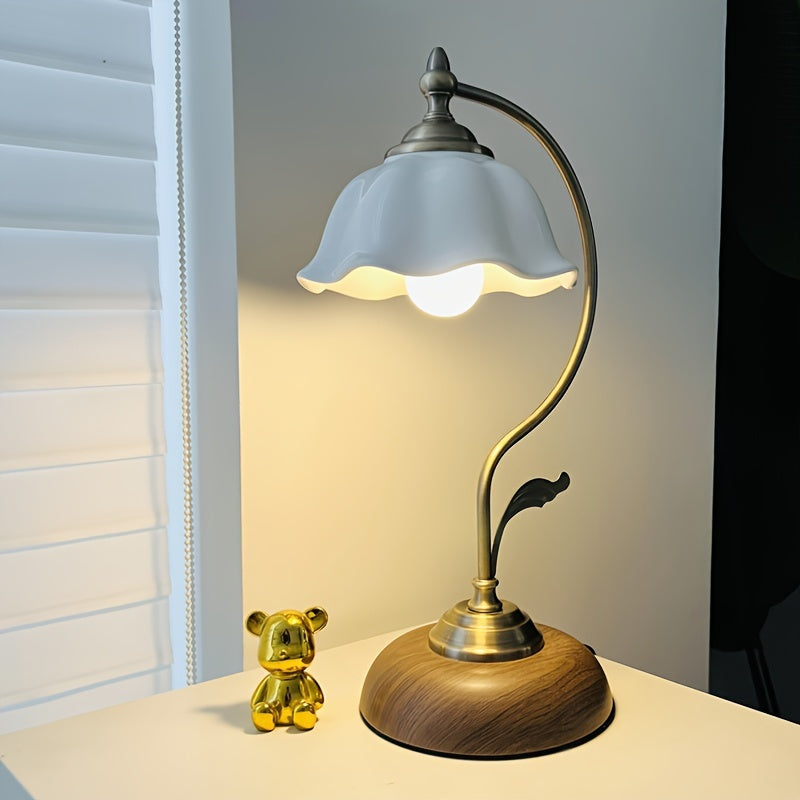 Vintage Gooseneck Table Lamp – Antique Brass USB Bedside Light with Floral Glass Shade, Classic Reading Lamp