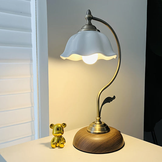 Vintage Gooseneck Table Lamp – Antique Brass USB Bedside Light with Floral Glass Shade, Classic Reading Lamp