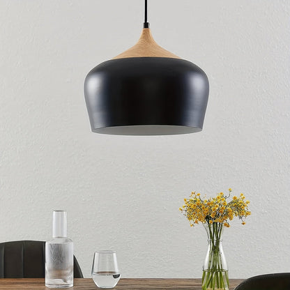 Modern Scandinavian Iron & Wood Grain Pendant Light – Matte Metal Dome Hanging Lamp for Kitchen Island, Dining & Living Room
