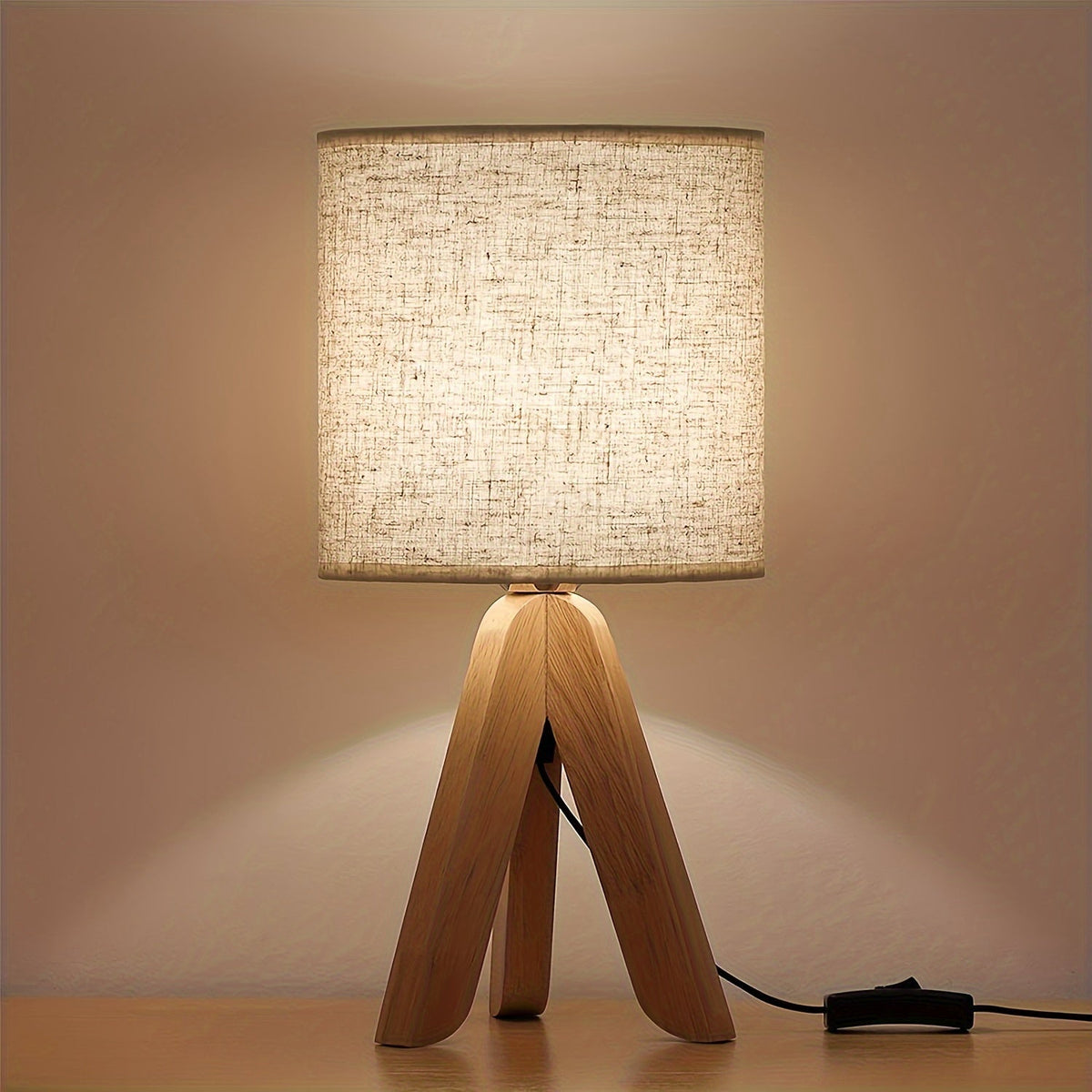 Nordic Wooden Tripod Table Lamp – Solid Wood Base with Linen Fabric Shade, Cozy Scandinavian Bedside & Living Room Lamp
