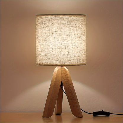 Nordic Wooden Tripod Table Lamp – Solid Wood Base with Linen Fabric Shade, Cozy Scandinavian Bedside & Living Room Lamp
