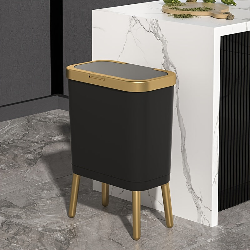 15L Modern Odor-Sealing Trash Can with Elevated Legs – Slim Flip-Top Waste Bin with Metallic Trim for Kitchen, Bathroom & Living Room