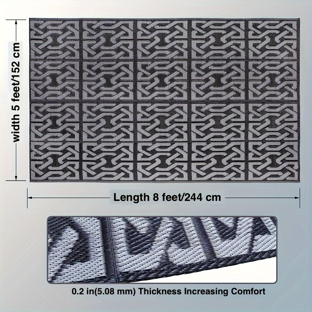 Reversible Outdoor Rug – Modern Black & Grey Geometric Weather-Resistant Polypropylene Patio Mat, 3 Large Sizes