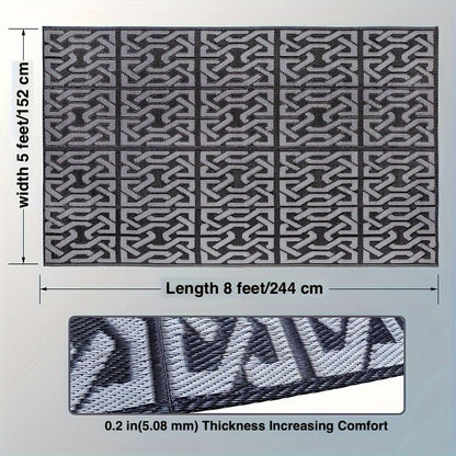 Reversible Outdoor Rug – Modern Black & Grey Geometric Weather-Resistant Polypropylene Patio Mat, 3 Large Sizes