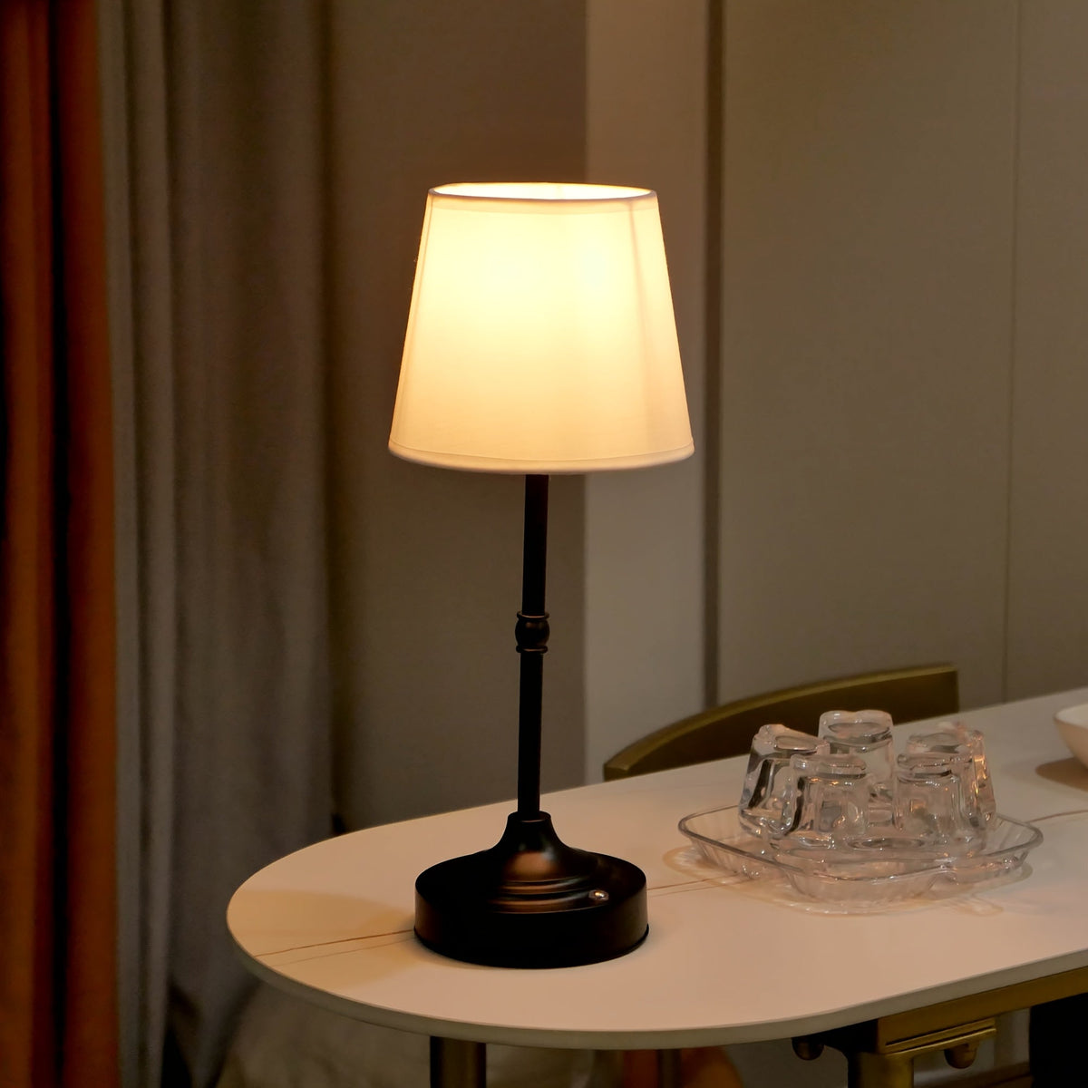 Dimmable Cordless Table Lamp – USB Rechargeable 2000mAh Brushed Metal Lamp with Fabric Shade for Bedside & Living Room