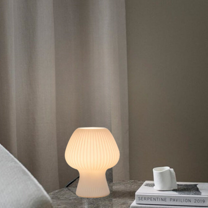 Vintage Ribbed Glass Mushroom Table Lamp – Dimmable Retro Bedside Lamp with Warm Glow for Bedroom, Desk & Reading Corner