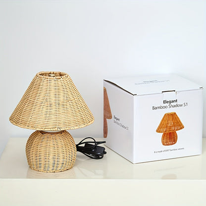Handwoven Bamboo Desk Lamp – USB-Powered Boho Rattan Table Light with Natural Woven Shade for Bedroom & Reading Corner