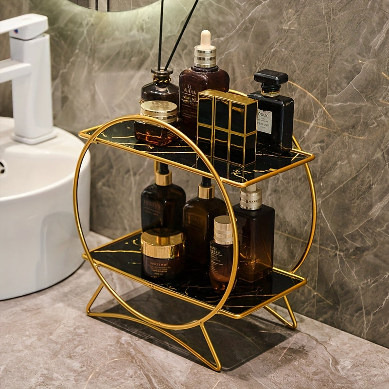 2-Tier Bathroom Organizer with Cat-Ear Base – Metal & Marble-Look Cosmetic, Perfume and Skincare Storage Shelf for Vanity