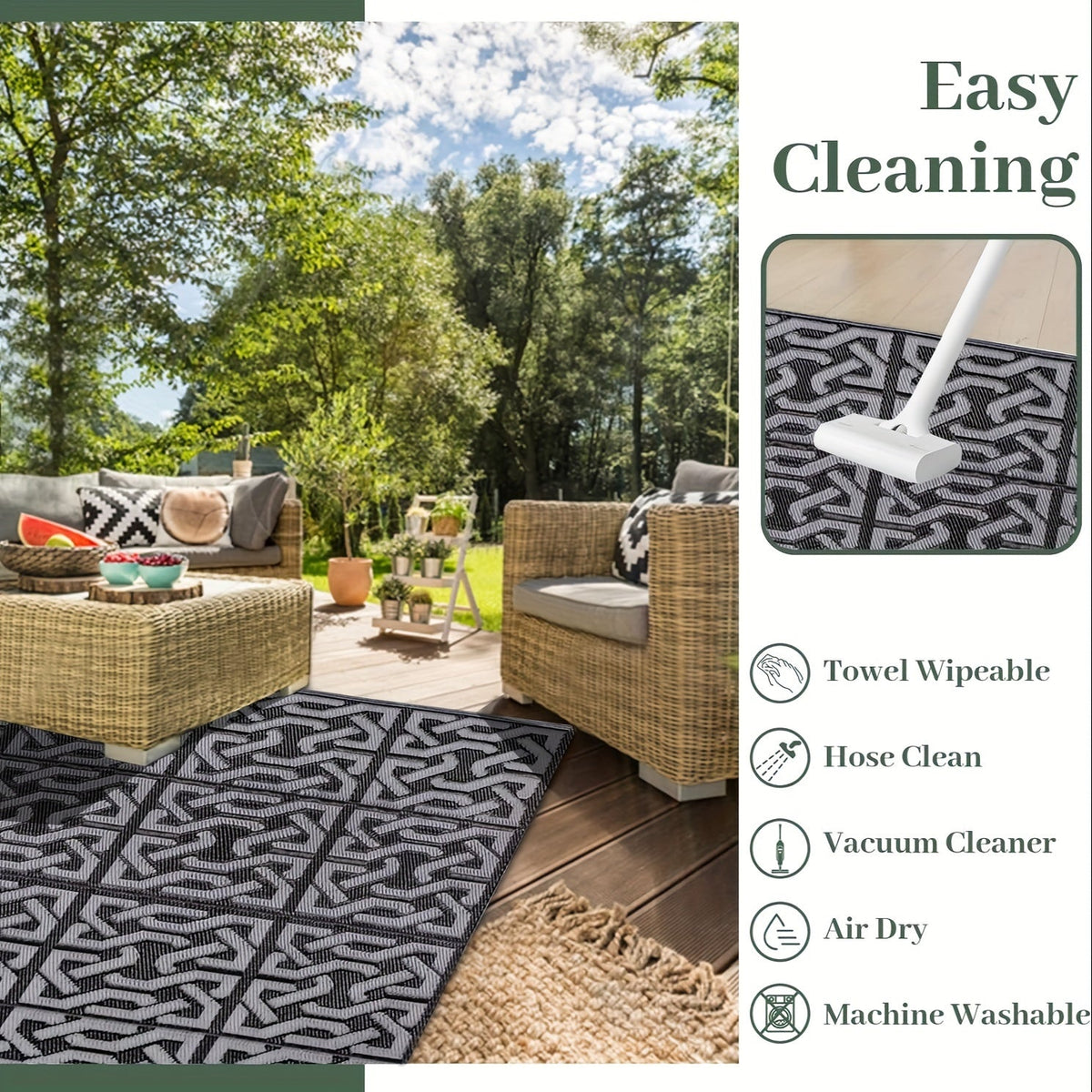 Reversible Outdoor Rug – Modern Black & Grey Geometric Weather-Resistant Polypropylene Patio Mat, 3 Large Sizes