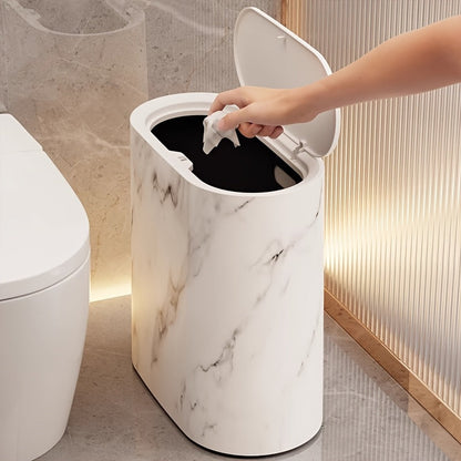 Marble Pattern Lidded Trash Can – Compact Oval Bathroom & Kitchen Waste Bin, 29 x 29 x 14.5 cm, Easy-Clean Plastic