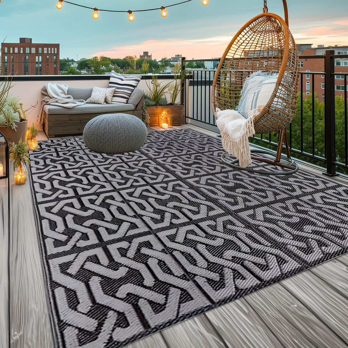 Reversible Outdoor Rug – Modern Black & Grey Geometric Weather-Resistant Polypropylene Patio Mat, 3 Large Sizes