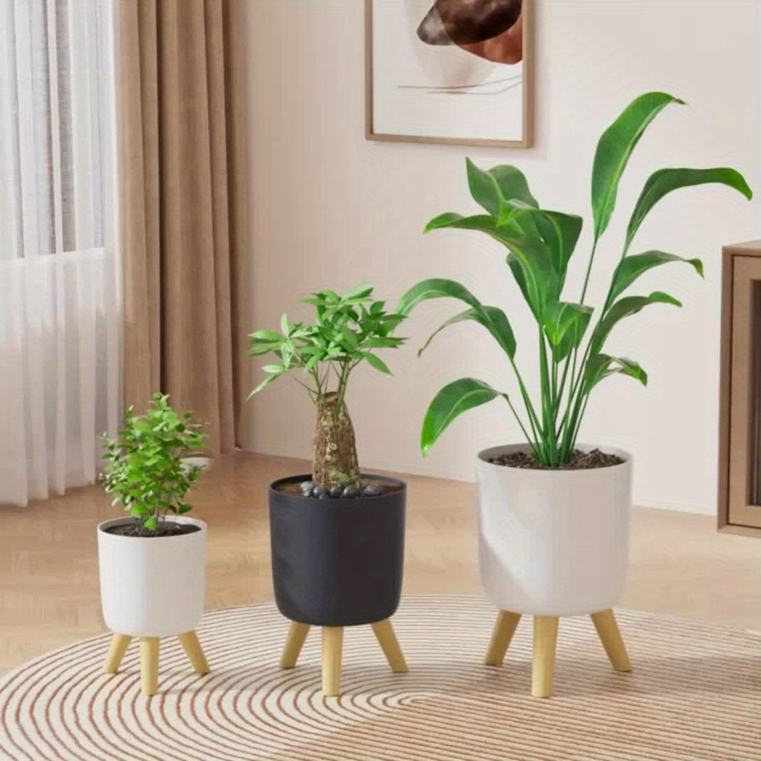 Modern Round Planter with Detachable Wooden Legs – Mid-Century Indoor & Outdoor Plant Pot in Black or White, 3 Sizes
