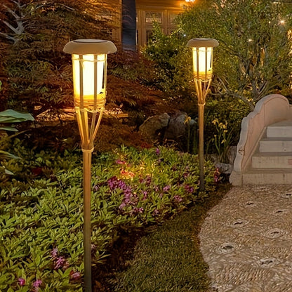 Solar Bamboo Flame Torch Lanterns 2-Pack – 12-LED Flickering Flame Outdoor Garden Lights, Auto On Dusk to Dawn, Tiki Style