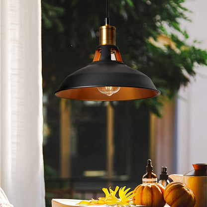 Industrial Metal Pendant Light – Retro Loft Matte Dome Hanging Lamp with Brass Accent, 100 cm Adjustable Cable, Black or White