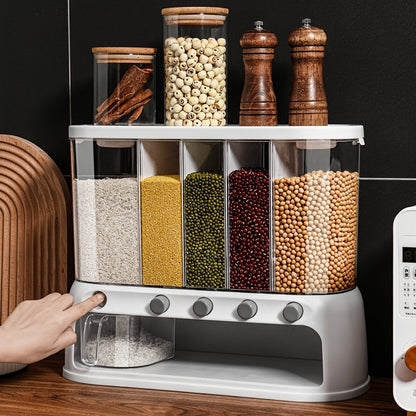5-Compartment Airtight Grain Storage Container – Kitchen Pantry Organizer Dispenser for Rice, Beans, Cereal & Pasta with Flip Lid