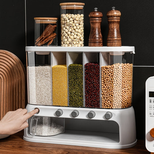 5-Compartment Airtight Grain Storage Container – Kitchen Pantry Organizer Dispenser for Rice, Beans, Cereal & Pasta with Flip Lid