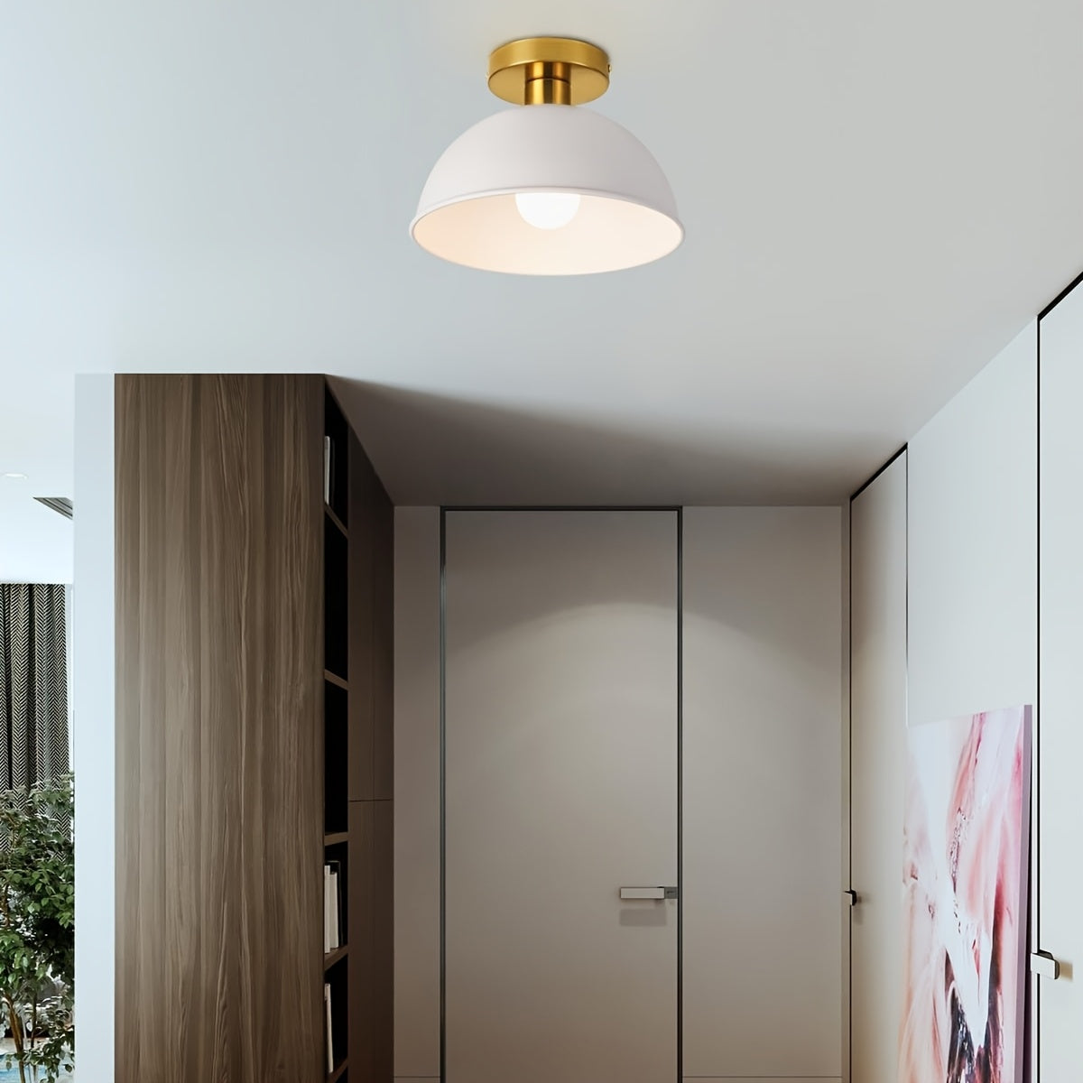 Compact Modern Semi-Flush Ceiling Lamp – Matte Metal Dome with Brass-Tone Details, 20 x 16 cm for Low Ceilings & Hallways
